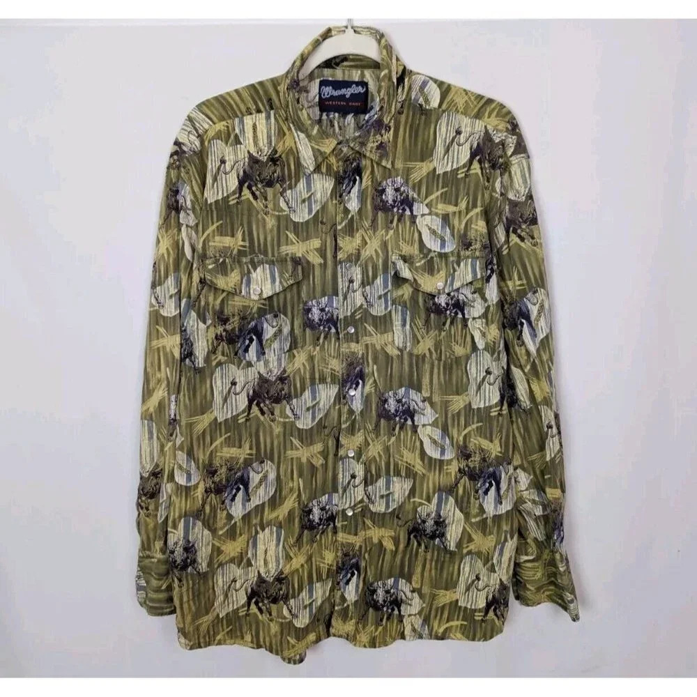 Wrangler Men's L Western Shirt Top Pearl Snap Bull Longhorn Green Rodeo Cowboy